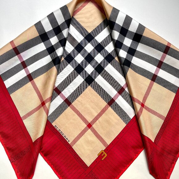 NWT Burberry Scarf Iconic Beige Check Red Border Silk Wrap - Picture 14 of 15